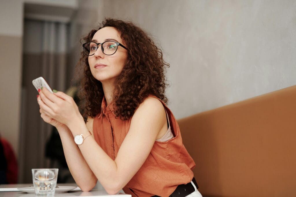 woman wearing hoya vision Id Space computer eyeglasses